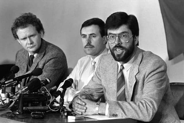 Martin McGuinness, Mitchel McLaughlin and Gerry Adams pictured in 1987