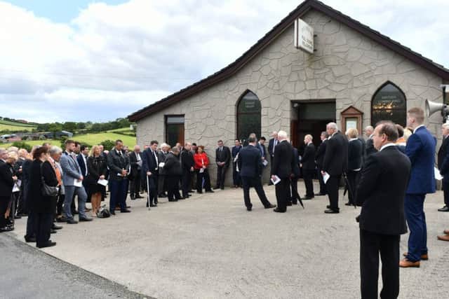 Pacemaker Press 1/7/2019
The Funeral of Willie Frazer at  in Fivemilehill Pentecostal Church, Mountnorris Road, Bessbrook on Monday.

Victims' campaigner Willie Frazer passed away in hospital on Friday surrounded by his family after a long battle with cancer.

A forthright campaigner for victims of republican violence, Mr Frazer lost five close relatives during the Troubles, including his father Bertie, who was murdered by the IRA in 1975.
Pic Colm Lenaghan/Pacemaker