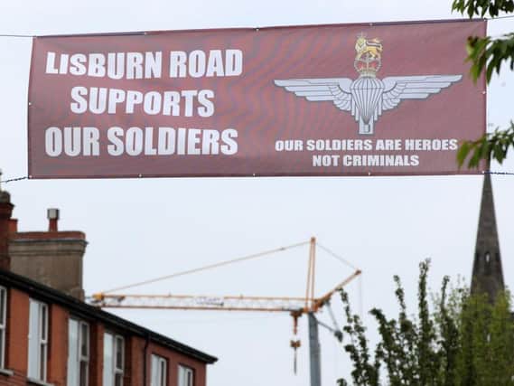 This banner bearing the Parachute Regiment insignia was recently erected over Belfast's Lisburn Road.