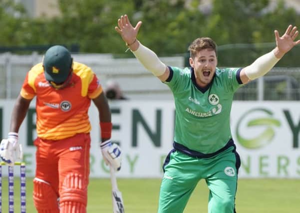 Big appeal by Ireland's Mark Adair against Zimbabwe. Pic by Rowland White.