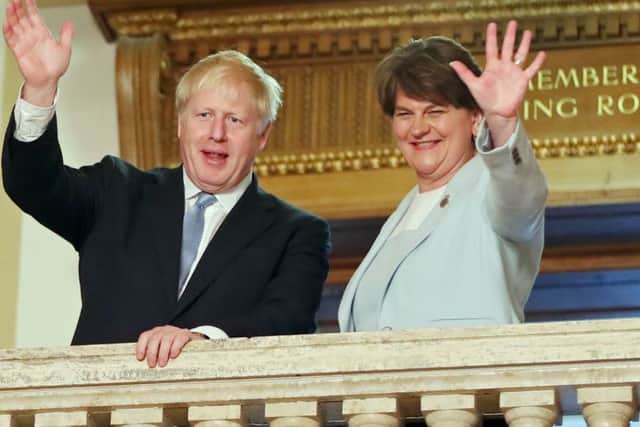 After the hustings at the Culloden hotel, Boris Johnson meets with DUP Leader Arlene Foster at Stormont Parliament in Belfast.  Photo: Niall Carson/PA Wire