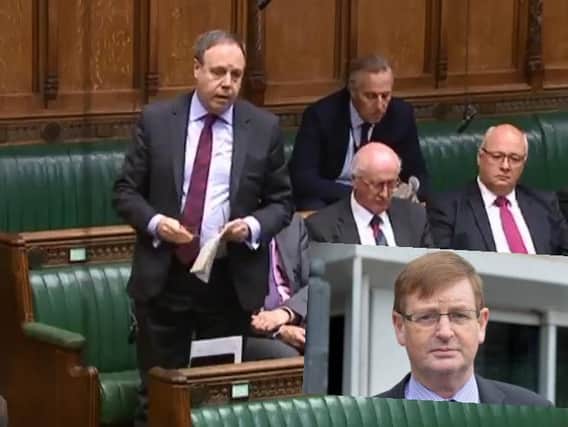 DUP MP, Nigel Dodds, pictured in the House of Commons on Wednesday. Inset: the late Willie Frazer.