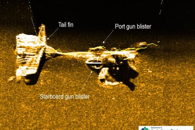 High-resolution side-scan sonar image of a Consolidated PBY Catalina at a depth of c. 45m. Note the gun blisters where a waist gunner would have been stationed. Image courtesy of DAERA, Marine and Fisheries Division.