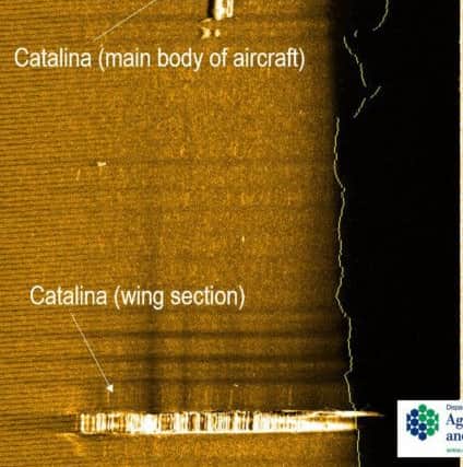 High-resolution side-scan sonar image of a Consolidated PBY Catalina. Note the wing section lying at a distance from the main body of the aircraft. Image courtesy of DAERA, Marine and Fisheries Division.