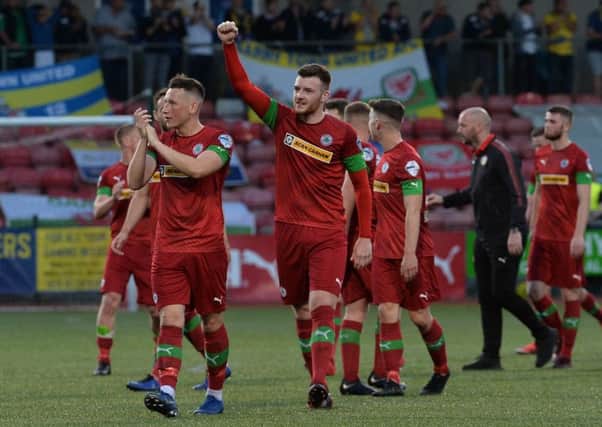 Cliftonville celebrate at the final whistle of a 4-0 home success in the Europa League over Barry Town United. Pic by Pacemaker.