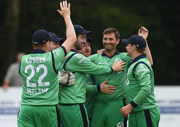 Tim Murtagh of Ireland, centre, is congratulated by team-mates after taking a wicket against Zimbabwe at Stormont in Belfast.