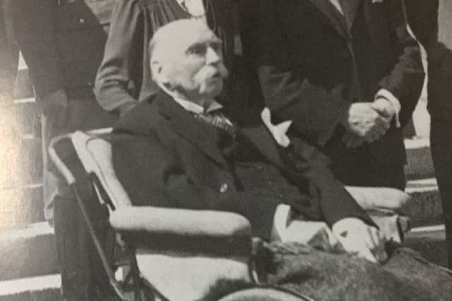 Douglas Hyde in the grounds of Áras an Uachtaráin in 1944 after ill health had taken hold and he was confined to a wheelchair