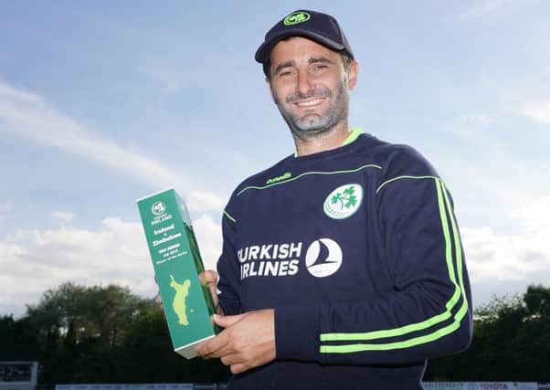 Ireland's Tim Murtagh with his award as Man Of The Series against Zimbabwe. Pic by Rowland White.