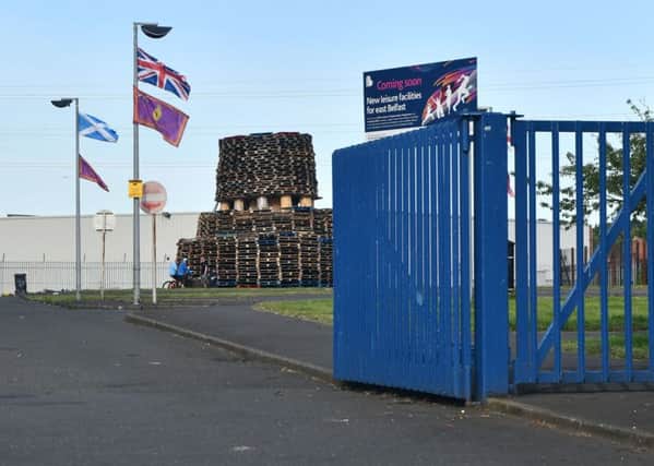 A loyalist bonfire is being built in the car park of Avoniel Leisure Centre in east Belfast