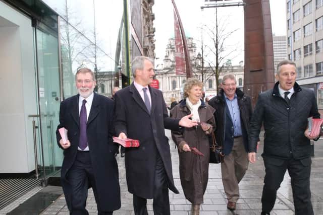 Kate Hoey pictured campaigning for Brexit in Belfast city centre alongside the Tory MP Owen Paterson and the DUP