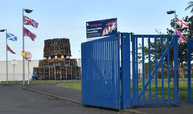 The controversial bonfire at Avoniel leisure centre in east Belfast last week, ahead of being lit on July 11. 
Photo  Pacemaker Press