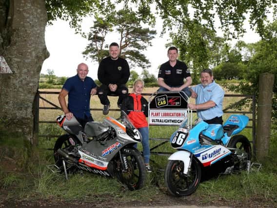 Ulster Grand Prix Clerk of the Course Noel Johnston (left) with Gary Dunlop, Melissa Kennedy, Christian Elkin and Alan McCaffrey of Plant Lubrication (NI), sponsor of the Saturday Ultra Lightweight race at Dundrod.