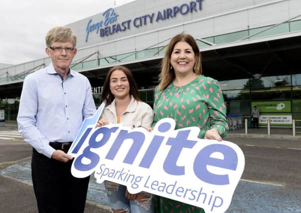 Larne student Olivia Millar with Jay Roewe, Senior Vice-President of HBO and Michelle Hatfield, Director of Corporate Services at George Best Belfast City Airport.