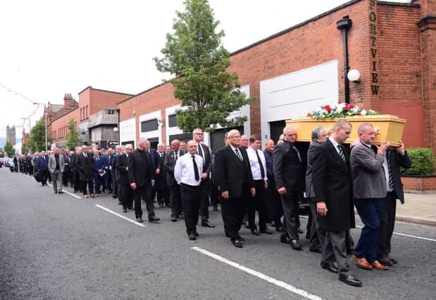 The funeral of Sammy Pavis, ex-Linfield and Glentoran footballer, took place today at James Brown & Sons Funeral Home, Newtownards Road in Belfast. Picture by: Arthur Allison.