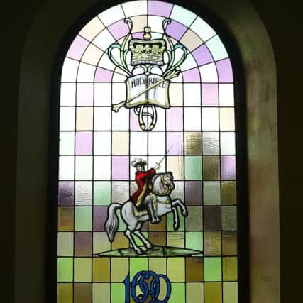 A King William stained glass window in Scarva Orange Hall. Picture by Arthur Allison