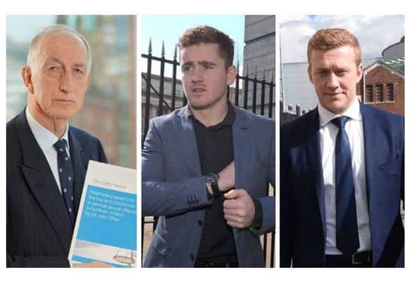 Left to right: Sir John Gillen, Paddy Jackson, and Stuart Olding. Sir Johnlaunched his review into how sex cases are handled in Northern Ireland (known simply as the Gillen Review) following the unanimous acquittal of Mr Jackson and Mr Olding over an allegation of rape last spring