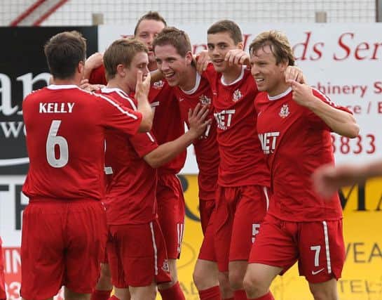 Richard Lecky celebrates scoring for Portadown in the Europa League during 2010. Pic by PressEye Ltd.