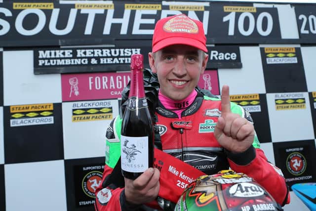 Dominic Herbertson won a thrilling Supertwin race on the Dafabet Devitt Kawasaki by only 0.020s from Rob Hodson in the sixth closest finish ever at the event. Picture: Dave Kneen/Pacemaker Press.