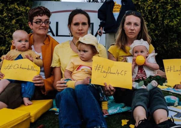 Protestors Sarah Fyffe and baby Jessica, Jen Banks and baby Saorla, and Catherine Morgan and baby Rowan outside Almacs factory yesterday