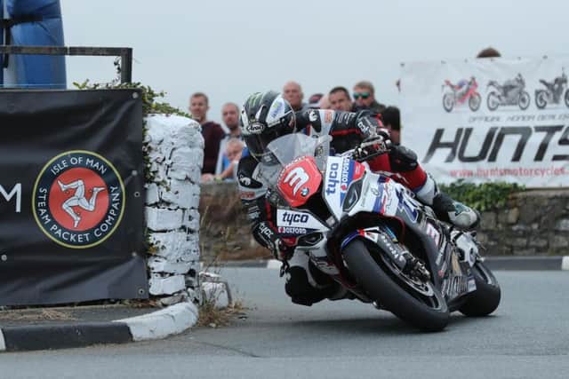 Michael Dunlop crashed out of the Senior race at the Southern 100 on Thursday on the Tyco BMW. Picture: Dave Kneen/Pacemaker Press.