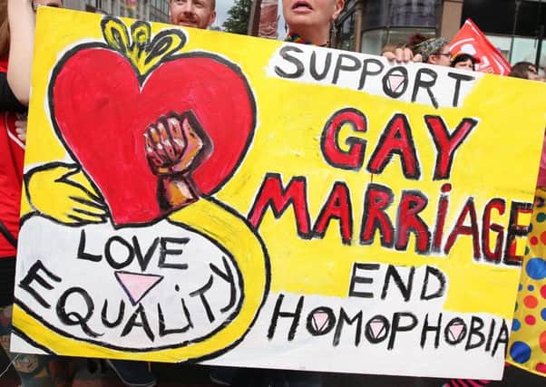 A banner from Belfasts gay pride march in 2016, calling for people to back same-sex unions