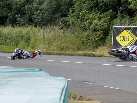 Michael Dunlop sustained suspected minor fractures after crashing at the Southern 100 on Thursday. Picture: Ryan Crawley/Pacemaker Press.