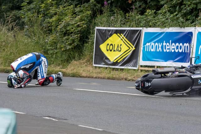 Michael Dunlop crashed after a huge high-side on the exit of Castletown corner in the Senior race on Thursday at the Southern 100. Picture: Ryan Crawley/Pacemaker Press.