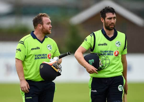 Paul Stirling (left) and Andrew Balbirnie after victory for Ireland over Zimbabwe at Bready. Pic by Sportsfile.