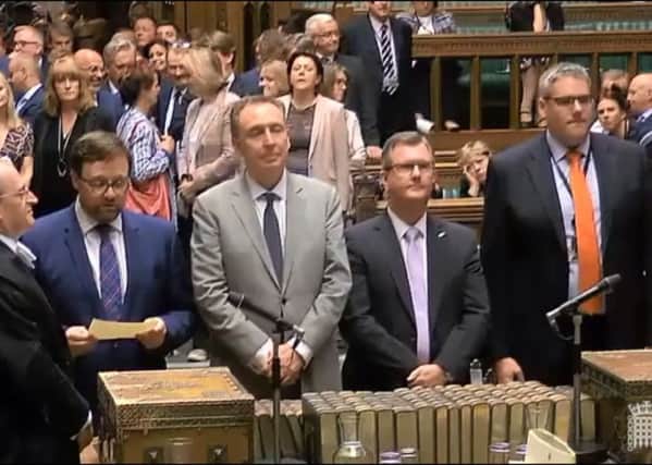 The moment in the House of Commons when an amendment in favour of same sex marriage for Northern Ireland was passed by 383 votes to 73 votes. The DUP MPs Jeffrey Donaldson, second from right, and Gavin Robinson, right, were tellers against the amendment. July 9 2019. Legacy was also debated at length. Screengrab from Parliament TV