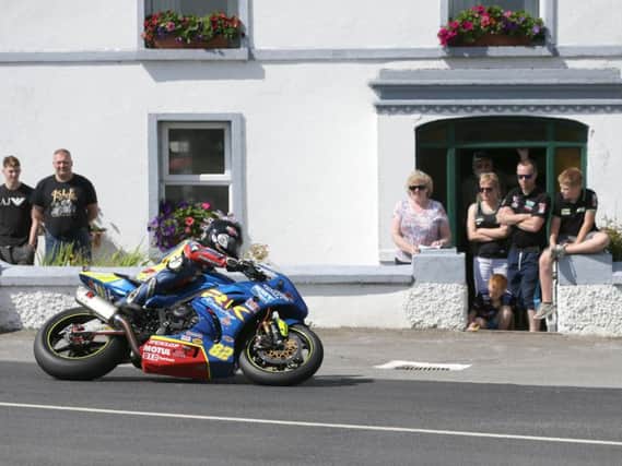 Derek Sheils won the Open Superbike race at the ill-fated Walderstown Road Races on the Burrows Engineering/RK Racing Suzuki. Picture: Stephen Davison/Pacemaker Press.