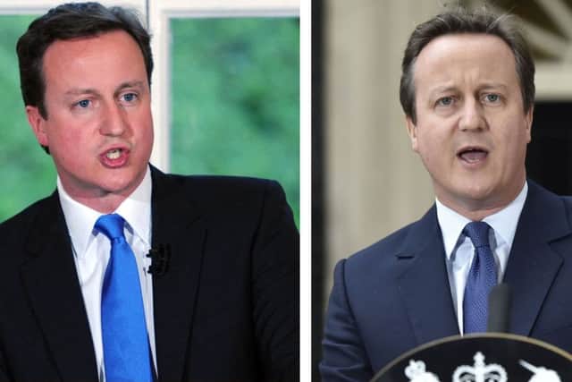 David Cameron Left: Giving a press conference after the 2010 General Election, Right: Resigning as Prime Minister in 2016. Photo: Stefan Rousseau/Hannah McKay/PA