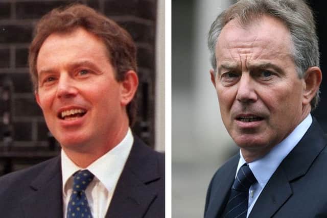 Tony Blair Left: Addressing the nation for the first time as Prime Minister, Right: At a memorial service for Princess Diana shortly after his resignation. Photo: Fiona Hanson/Lewis Whyld/PA