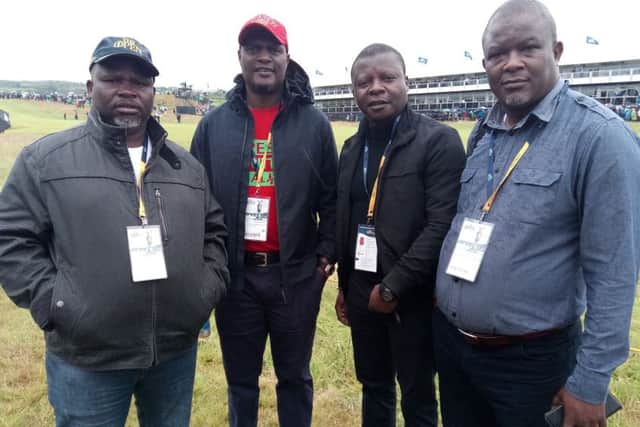 Golf fans from Malawi who travelled over just for the Open, where they are upporting Rory McIlroy and Tiger Woods. From left James Chuma, Frankie Mvalo, Ken Manda, Hudson Kantwange at Royal Portrush on Friday July 19 2019. Pic by Ben Lowry