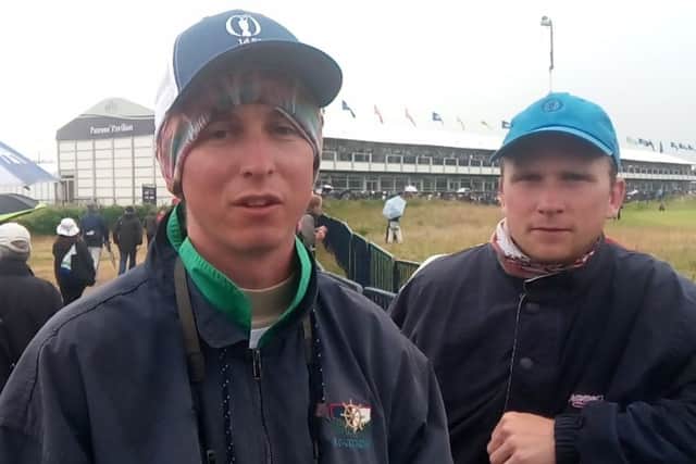 Teddy Lyndbach, 25 Jack Lyndbach 22, North Carolina alongside the 18th hole at Royal Portrush for the Open, just after they cheered Tiger Woods. Friday July 19 2019. The brothers praised the course, and its many vantage points. Pic Ben Lowry