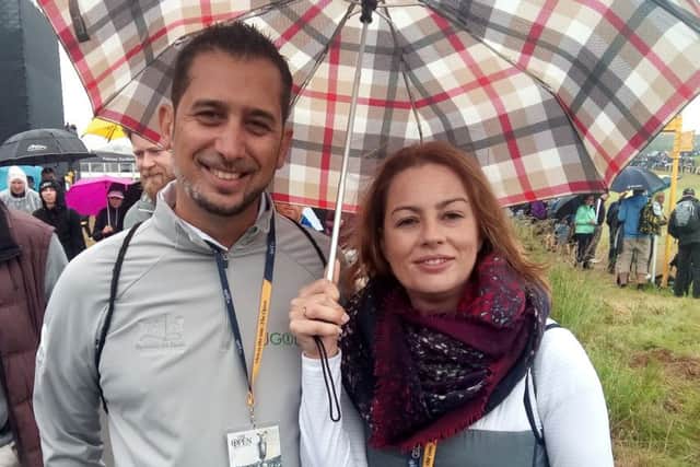 Eduardo Ruiz and Rosa Parela from Spain, alongside the first fairway at Royal Portrush for their first Open to cheer on their compatriot Jon Rahm. Friday July 19 2019. Pic Ben Lowry