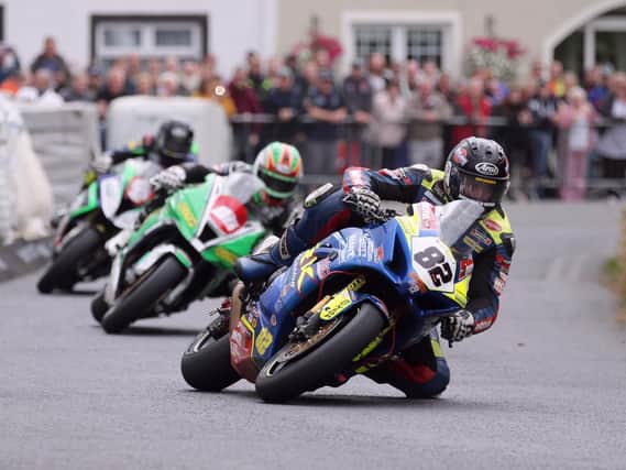 Derek Sheils leads Michael Sweeney and Michael Sweeney in the Grand Final Superbike race at the Faugheen 50 Road Races. Picture: Stephen Davison/Pacemaker Press.