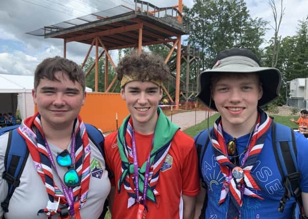 At the World Scout Jamboree are Fionn McArdle, 17, from Knockbracken, Nathan Dellar, 17, from Bangor and Ewan Riddel, 16, from Belfast