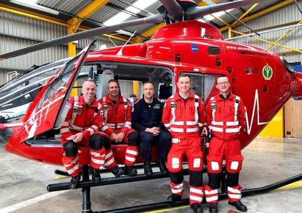 Pictured at the Air Ambulance base is the team that was tasked for the very first call out in July 2017, Glenn O'Rorke, HEMS Operational Lead, Darren Monaghan, HEMS Clinical Lead, Pilot Dave OToole and HEMS Paramedics Philip Hay and Mike Patton.