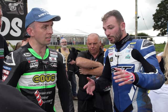 Supersport race winner Derek McGee (left) and Paul Jordan exchanged words at the end of the opening Supersport race at Armoy on Friday evening. Picture: Stephen Davison/Pacemaker Press.