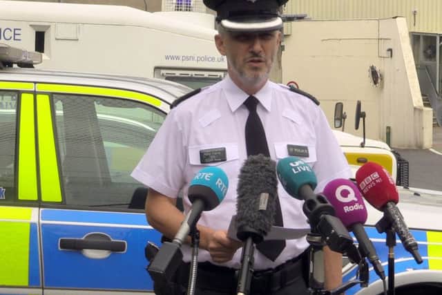 Chief Superintendent Peter Farrar speaking to the media at Lurgan police station on Saturday