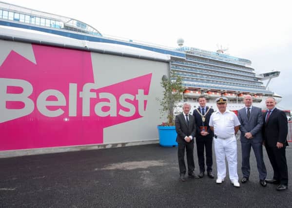 Opening the new cruise terminal in Belfast Harbour are (L-R) John McGrillen, CEO of Tourism Northern Ireland, Lord Mayor of Belfast, Councillor John Finucane, Captain Domenico Lubrano Lavadera of the Crown Princess, Belfast Harbours CEO Joe ONeill and Gerry Lennon, CEO of Visit Belfast. Pic: Philip Magowan / PressEye