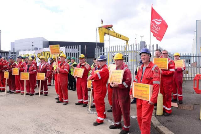 Workers at Harland and Wolff have walked out this afternoon as the company faces going into administration. Picture By: Arthur Allison/Pacemaker.
