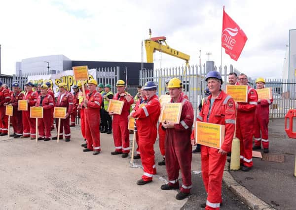 Workers at Harland and Wolff have walked out this afternoon as the company faces going into administration. Picture By: Arthur Allison/Pacemaker.