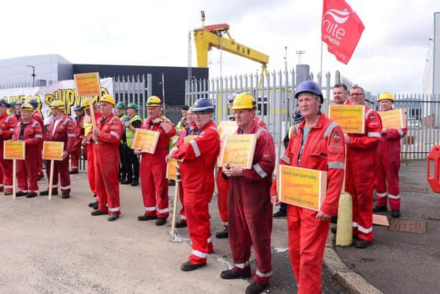 Workers at Harland and Wolff have maintained a protest at the gates of the shipyard since last Monday. Picture: Arthur Allison/Pacemaker.