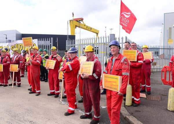 Workers at Harland and Wolff protested at the company gates yesterday with the prospect of administrators arriving at the shipyard tomorrow