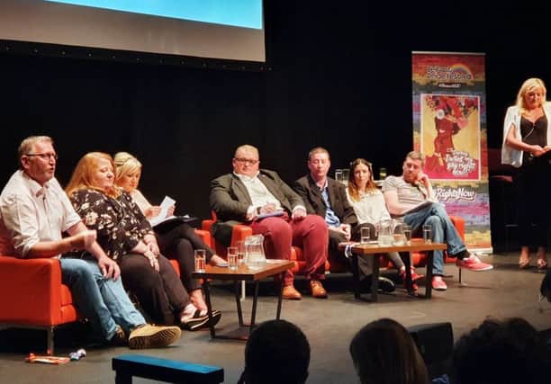 Northern Ireland's political parties take part in the Pride Talks Back event at the MAC in Belfast as part of the Belfast Pride Festival. (left to right) Doug Beattie (UUP), Naomi Long (Alliance)Michelle O'Neill (Sinn Fein), Seamas de Faoite (SDLP), William Ennis (PUP), Fiona Ferguson (People Before Profit) and Mal O'Hara (Green Party). Photo credit: Rebecca Black/PA Wire