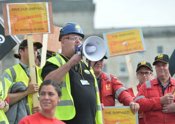 Harland and Wolff shipyard workers protest at Stormont during Boris Johnsons visit