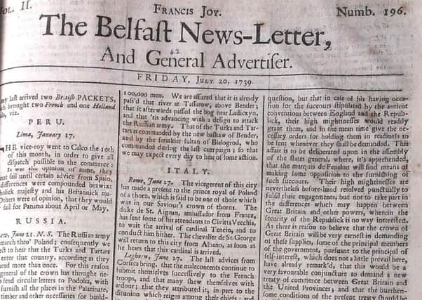 A front page of a Belfast News Letter from the summer of 1739