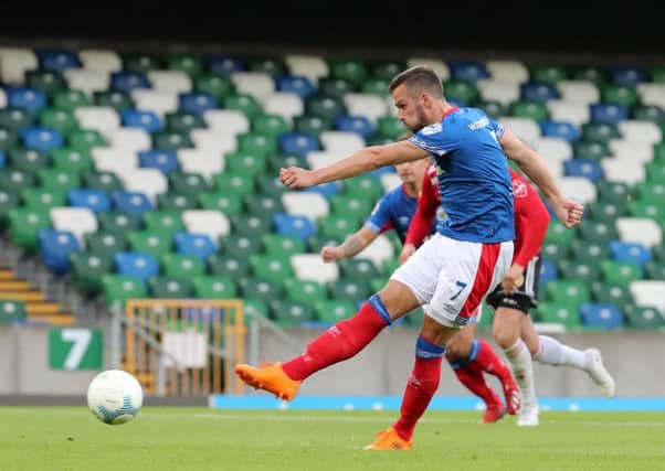 Andy Waterworth fires Linfield to victory over HB Torshavn at Windsor Park. Pic by Pacemaker.