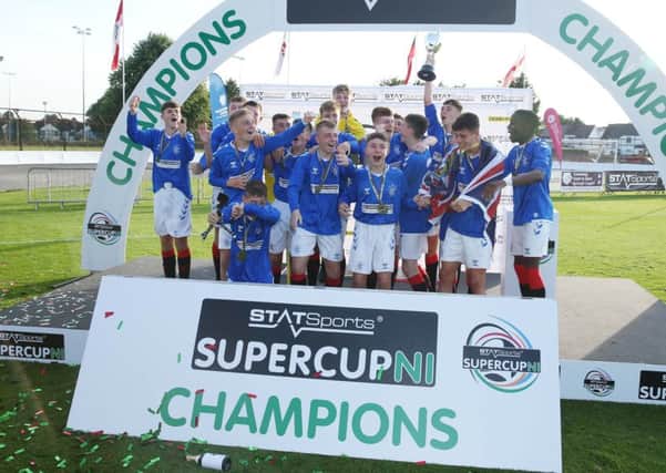 Rangers celebrate their 2-0 win over Charlton Athletic in the STATSports SuperCupNI Junior Final, at Ballymena  Showgrounds. Picture by Brian Little/PressEye